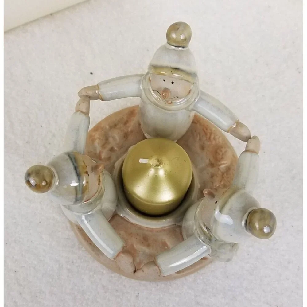 Ceramic circle‎ three snowmen friends candle holder votive glazed Winter holiday